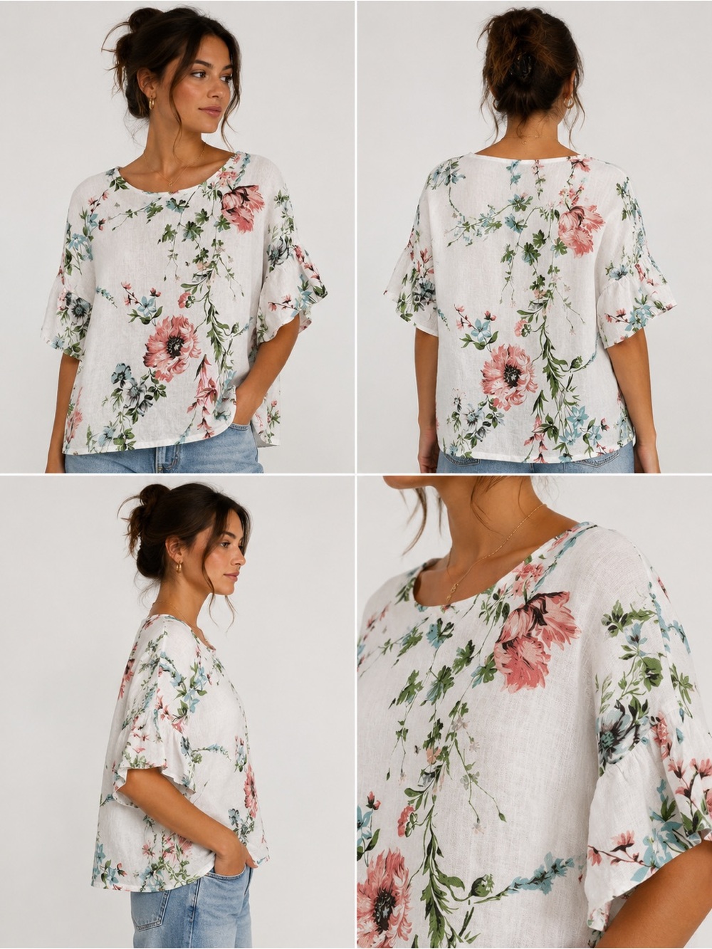 White Floral Blouse 100% Linen with Flutter Sleeves and Crew Neck